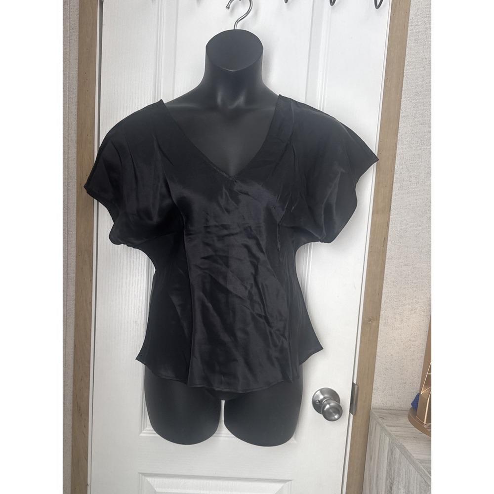 Newport News Pure Silk Silver Satin Black Blouse Size 14 Elegant V Neck Top